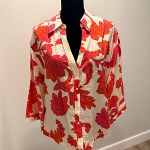 Mango Cream Blouse with Pink & Orange Floral Print